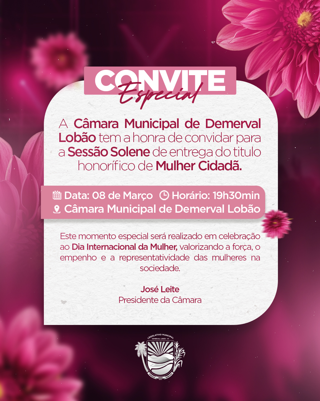 Câmara Municipal de Demerval Lobão realizará Sessão Solene em homenagem ao Dia Internacional da Mulher